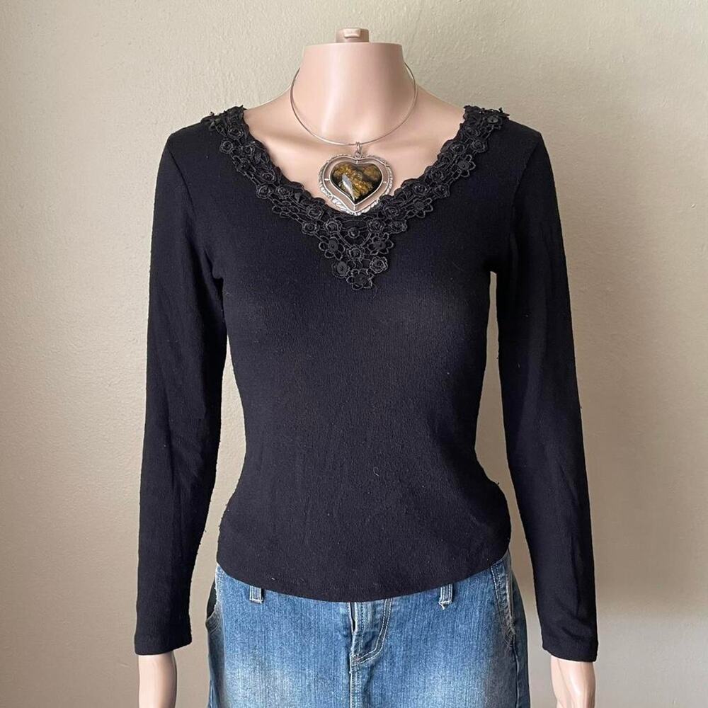 Early 2000s black lace neckline top